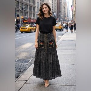 Embroidered Black Patchwork Maxi Skirt